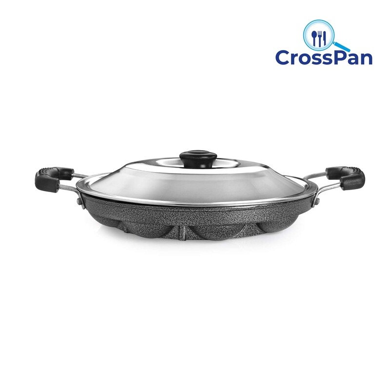CrossPan Non-Stick 12 Cavity Grill Appam Patra/Paniyarakkal with Stainless Steel Lid