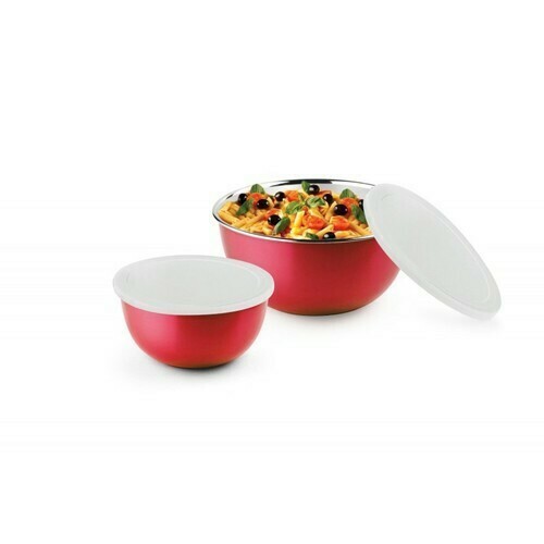 CrossPan Microwave Safe Plastic Coated Stainless Steel Serving and Storage Bowl with Lid, Red Color (Set of 2)(750ml &amp;900ml)