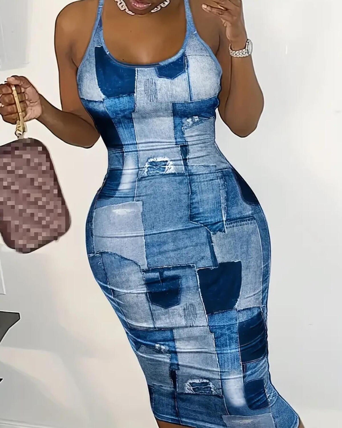Denim fashion maxi dress.