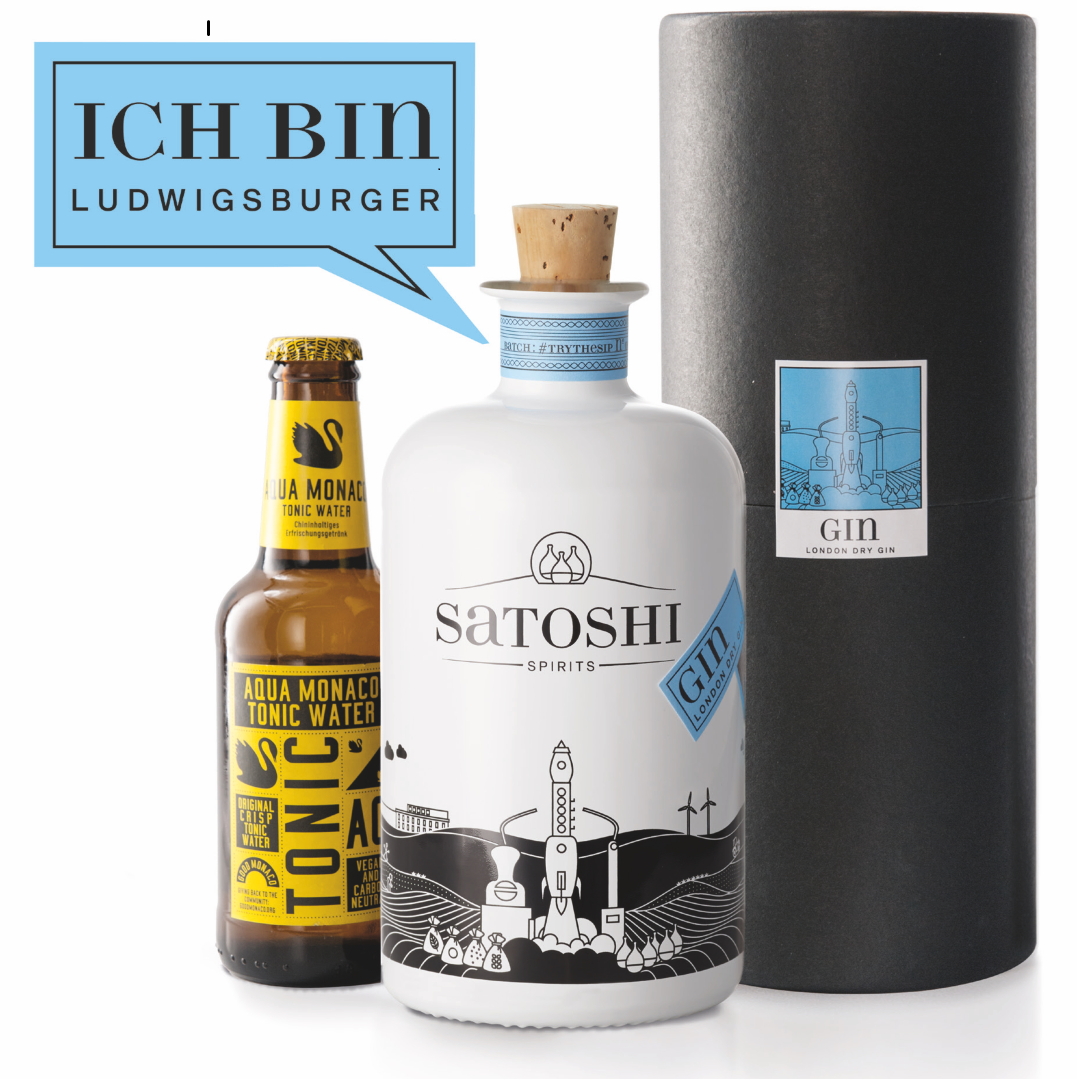 Satoshi London Dry Gin in der Geschenkbox set 2x Tonic Water von Aqua Monaco 500ml | 44 %VOL