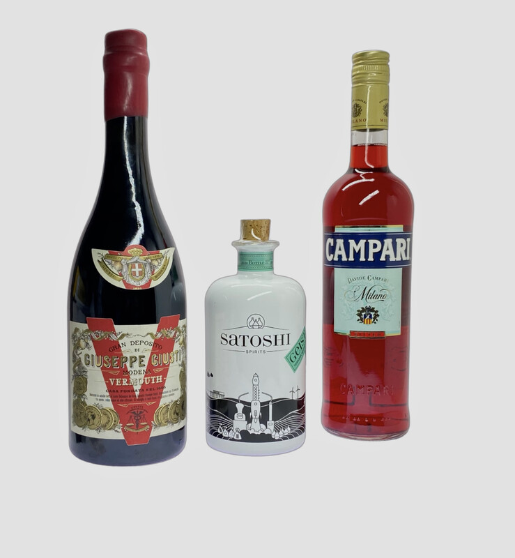 Negroni Set
1 Satoshi Geist Toskana Wacholder 500ml 48%
1 Vermouth Giuseppe Giusti 0,75l
1 Campari 0,7l 25%