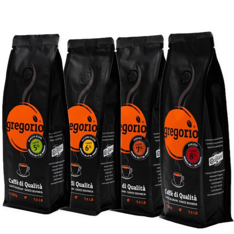 Kaffee gregorio Kennenlernpaket  Blend Barista 5 ½  Salerno 6 ½  ​ Exquisit 7½ Exklusiv 8 ½​​​  Bohnen  4 x 250g