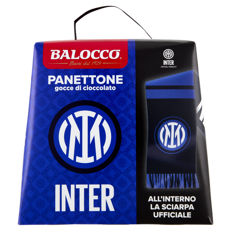 Balocco Panettone Inter mit Schokoladenstückchen + Offizieller Inter-Schal – 500 g Balocco Panettone Inter mit Schokoladenstückchen + Offizieller Inter-Schal – 500 g