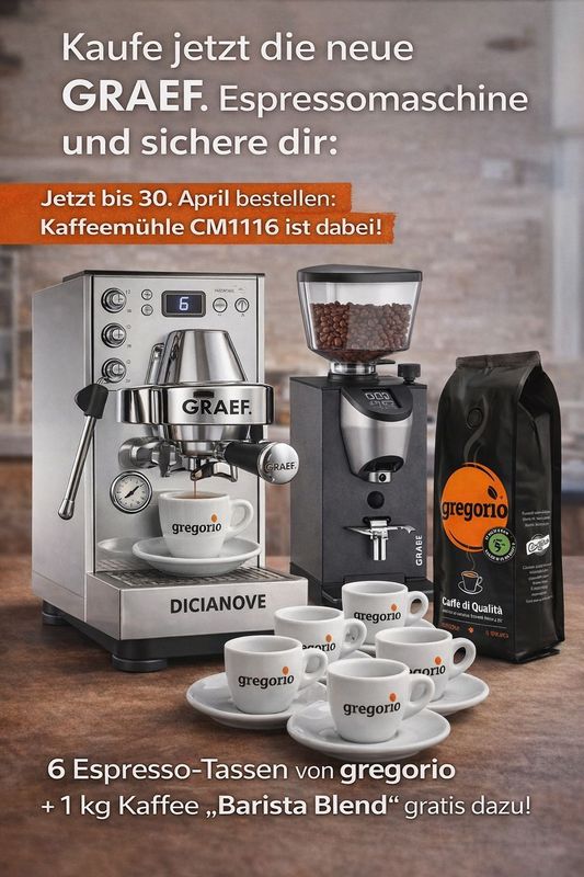 GRAEF DICIANOVE Espressomaschine + CM1116 Kaffeemühle + gregorio Kaffee + 6 Espressotassen