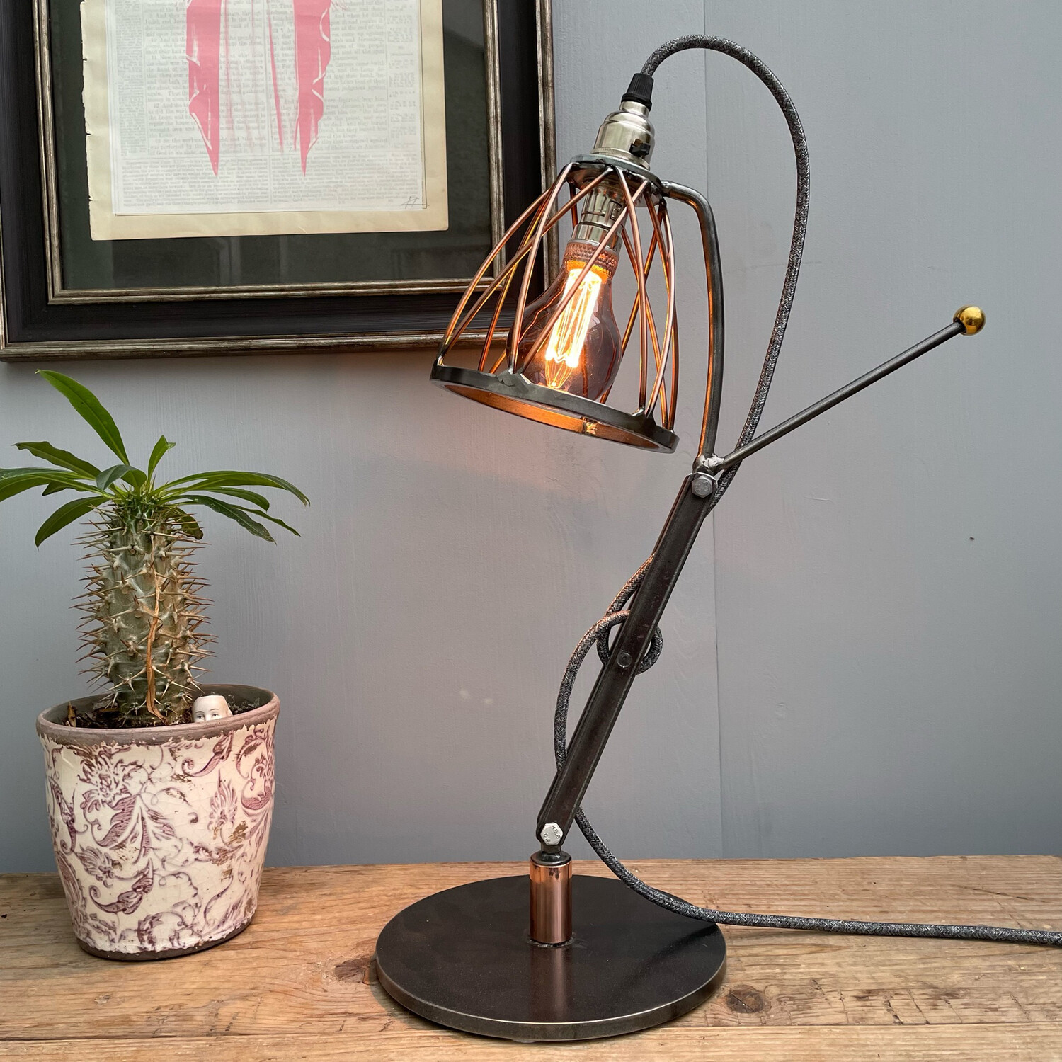 Industrial Copper & Steel Desk Lamp With Cage Shade (993)