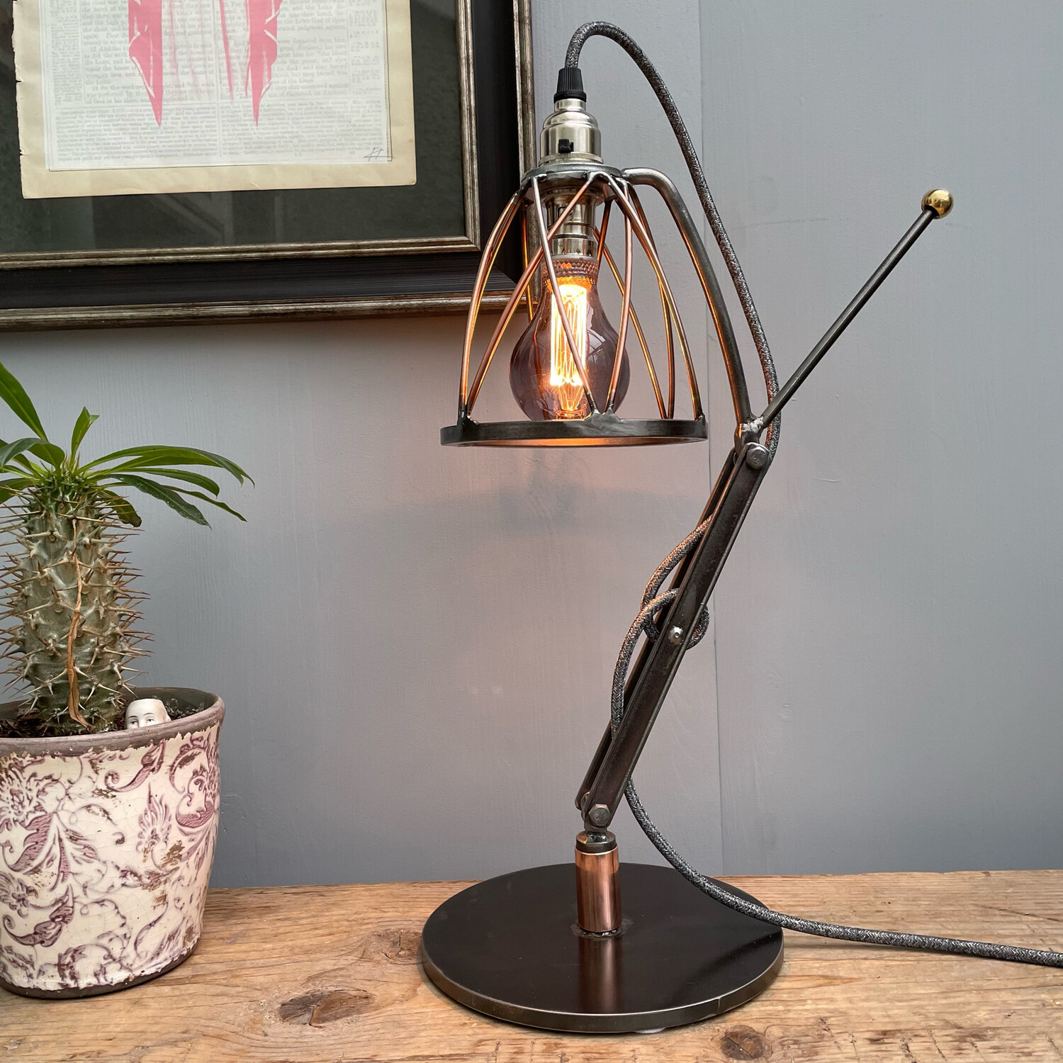 Industrial Copper & Steel Desk Lamp With Cage Shade (994)