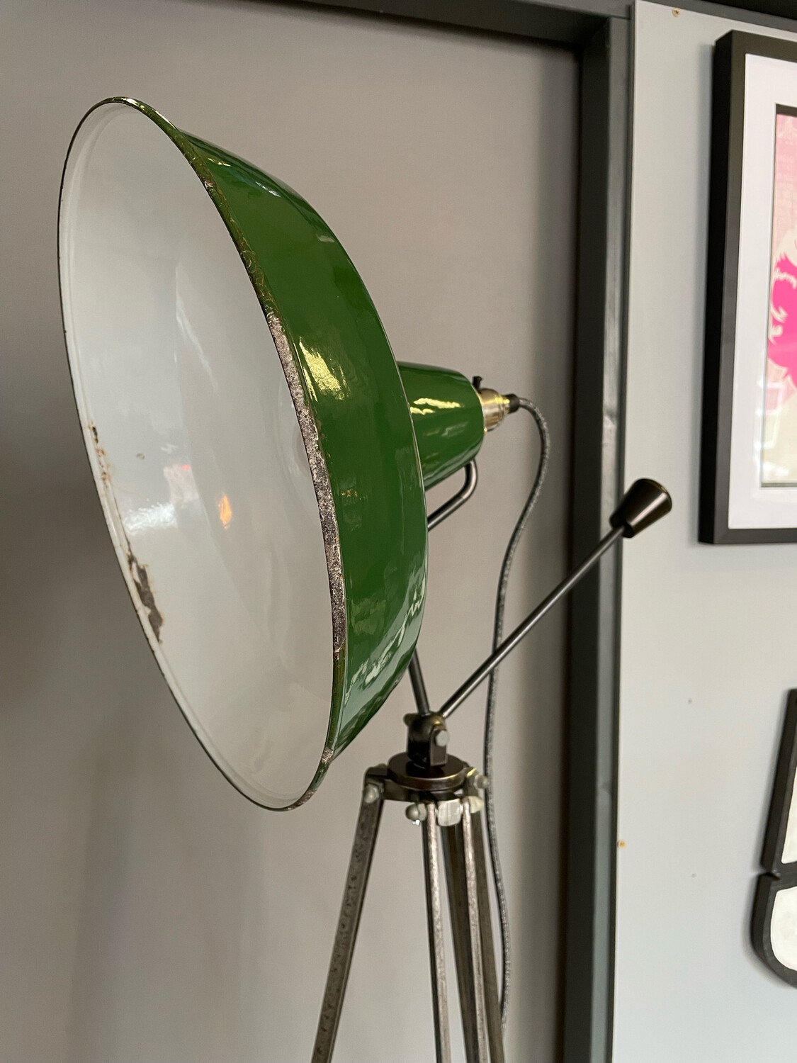 Vintage Green Enamel Tripod Lamp