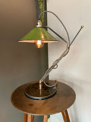 Industrial Desk Lamp With Vintage French Enamel Shade