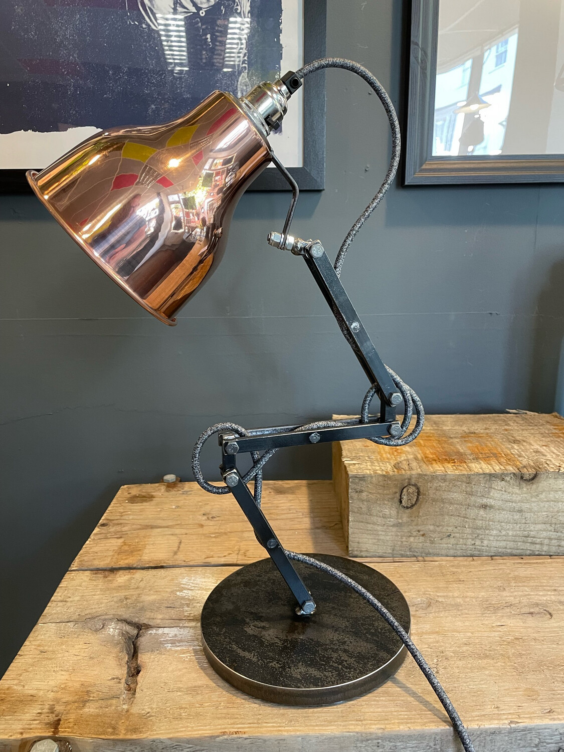 Industrial Articulated Desk Lamp With Copper Shade.
