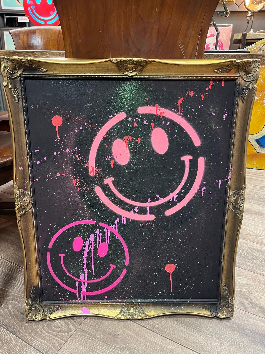 Smiley Painted On Canvas In Vintage Frame