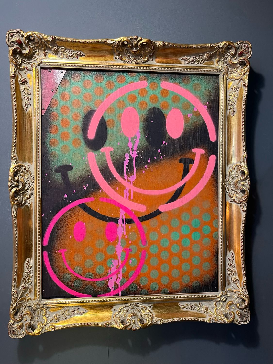 Smiley Painted On Board In Vintage Frame