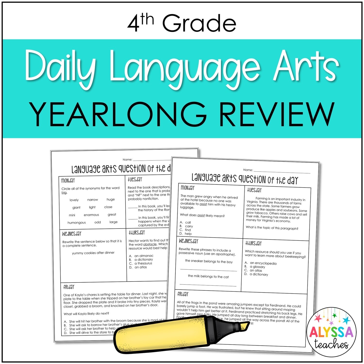 4th Grade Daily Language Arts Review Worksheets