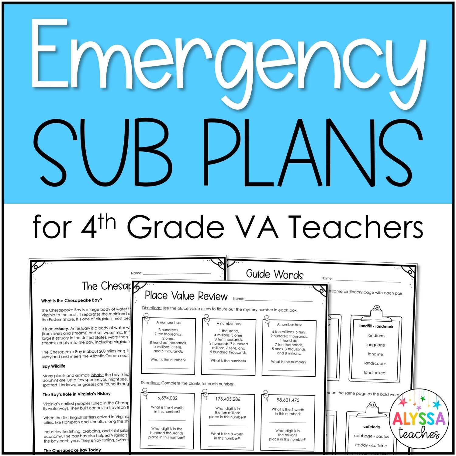 4th Grade Emergency Substitute Plans for Virginia Teachers