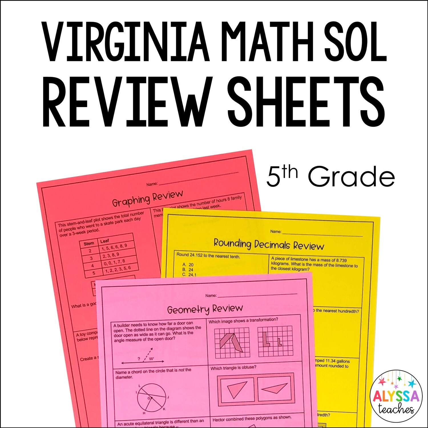 5th Grade Virginia Math SOL Review Worksheets