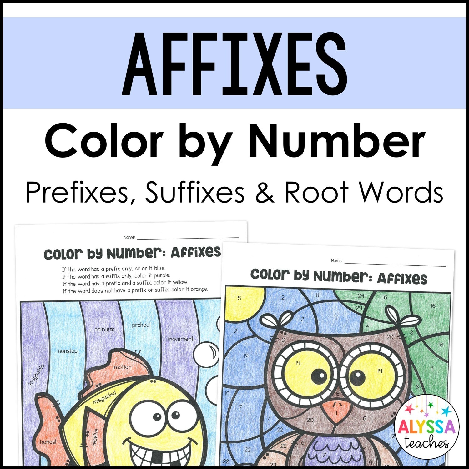 Prefix and Suffix Color by Number Worksheets