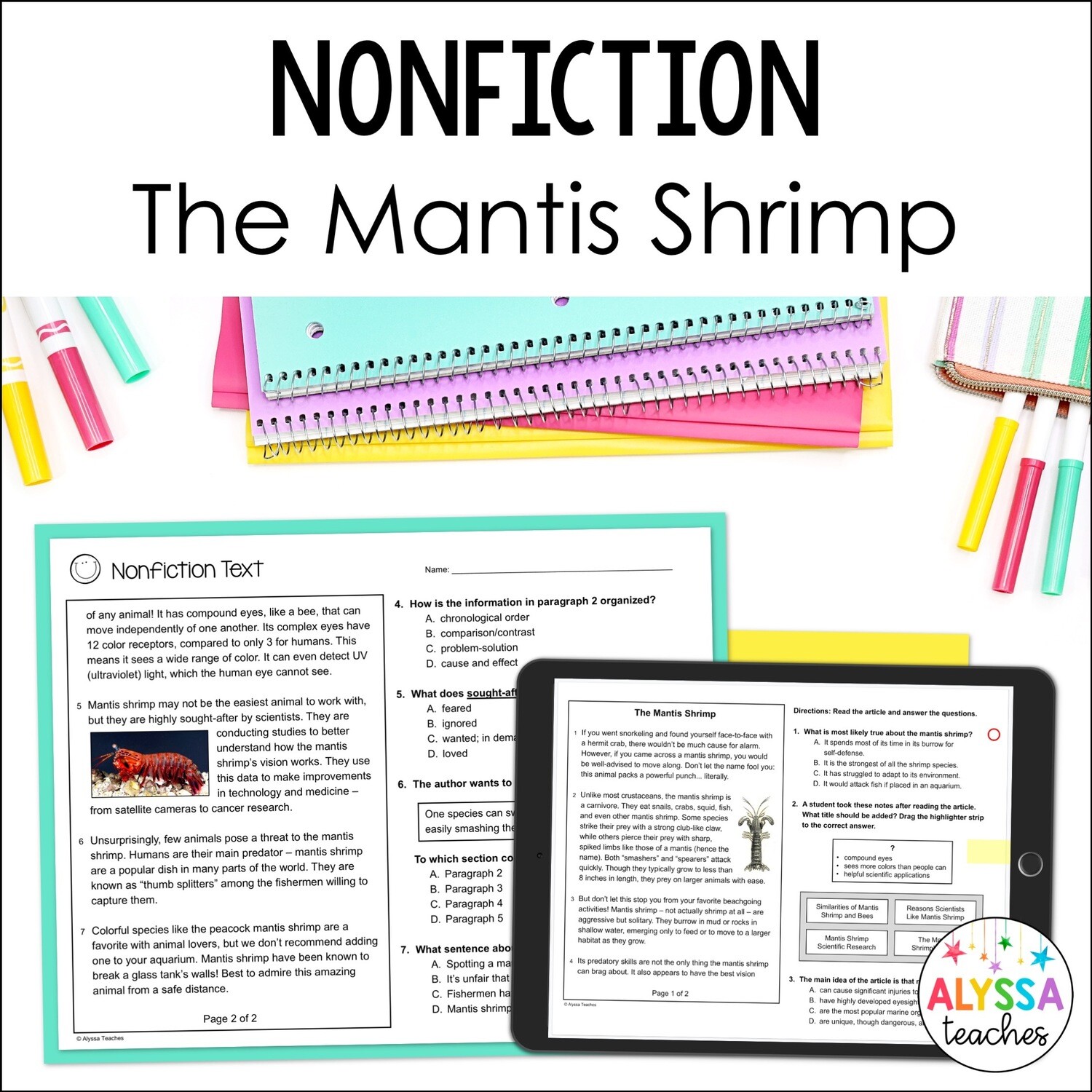 Mantis Shrimp Nonfiction Comprehension Passage | 5th Grade