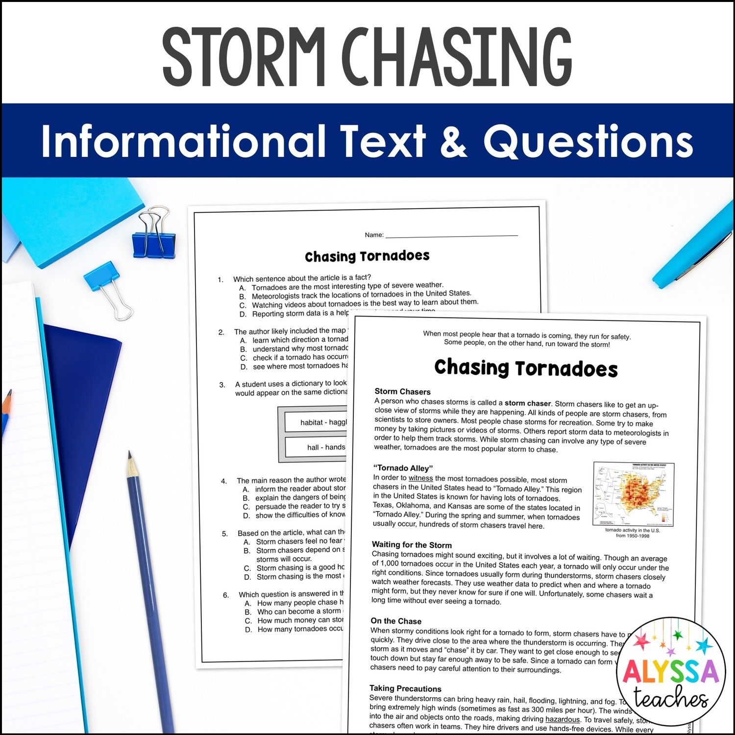 Chasing Tornadoes Nonfiction Comprehension Passage | 4th Grade