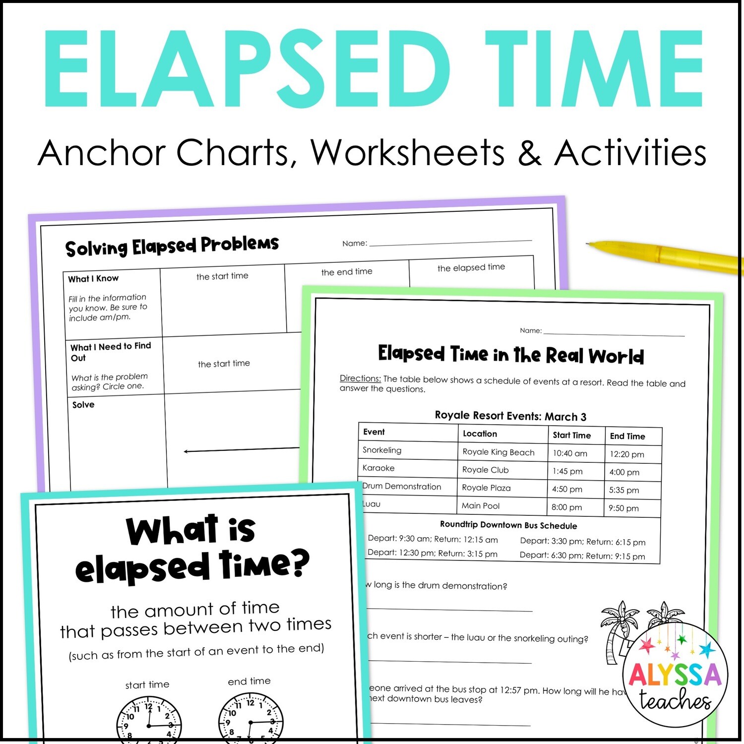 Elapsed Time Sort, Puzzle, Worksheets, Anchor Charts (SOL 4.9)