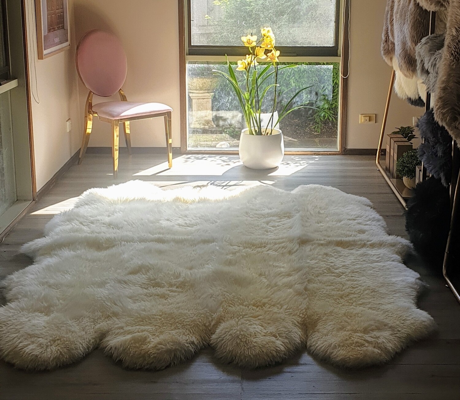 Octo Sheepskin Rug (Eight Pelts) Featured photo in Sky White. Available in other colours.