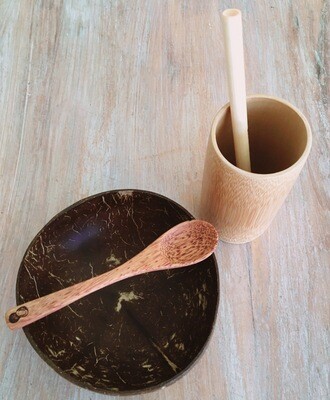 Single pack - 1 coconut bowl and spoon & 1 bamboo cup and straw