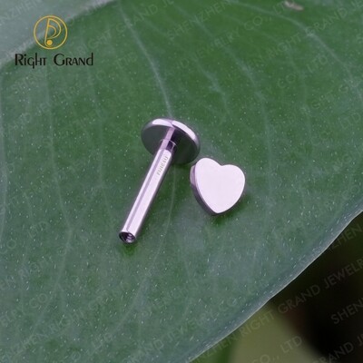 Right Grand Internally Threaded Titanium ASTM F136  Heart Shape Round Flat Labret