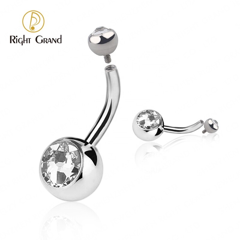 Right Grand Implant Grade Titanium 14G Clear CZ  Internally Threaded Press Fit Clear  Curved Belly Button Rings