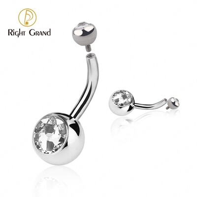 Right Grand Implant Grade Titanium 14G Clear CZ  Internally Threaded Press Fit Clear  Curved Belly Button Rings