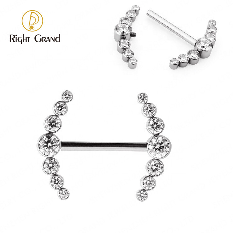 Right Grand Implant Grade ASTM F136 Titanium Internal Thread Bezel Set Seven Cubic Zircon Barbell Nipple Ring