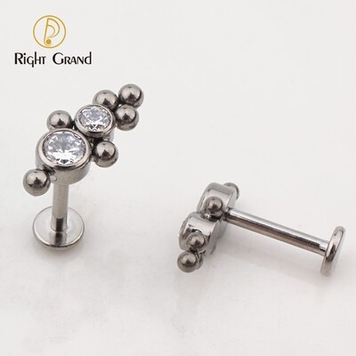 Titanium Implant Grade Internally Threaded Tops with 2 Descending Bezel Set CZ and Ball Clusters Labret