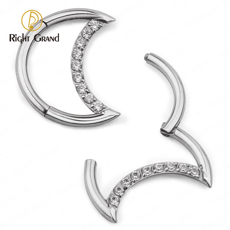 Right Grand ASTM F136 Titanium Implant Grade Cresent Moon Prong Set Zircon Hinged Ear Daith Ring