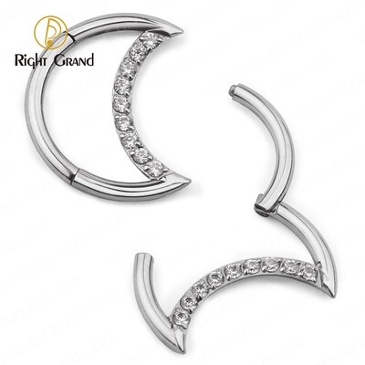 Right Grand ASTM F136 Titanium Implant Grade Cresent Moon Prong Set Zircon Hinged Ear Daith Ring