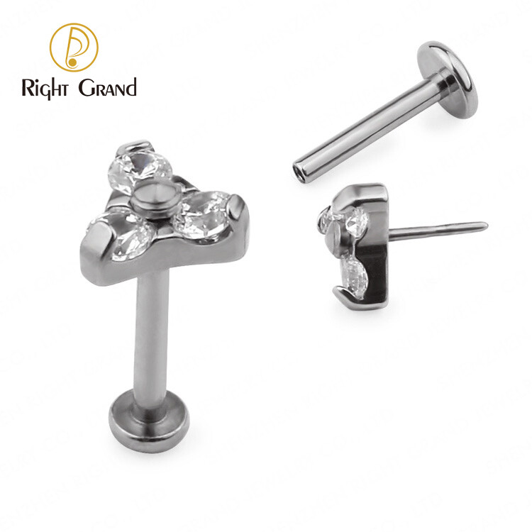 Right Grand Implant Grade ASTM F136 Titanium Trinity Flower Prong Set CZ Gem Threadless Tragus Labret