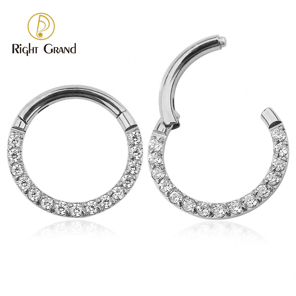 Right Grand Implant Grade Titanium Prong Setting Cubic Zircon Paved Daith Piercing Nose Clicker Ring