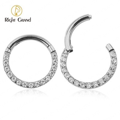 Right Grand Implant Grade Titanium Prong Setting Cubic Zircon Paved Daith Piercing Nose Clicker Ring