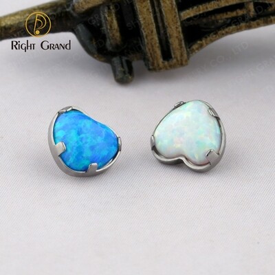 Right Grand Implant Grade Titanium Internal Thread ASTM F136 Claw Set Heart Shaped Opal Labret Top