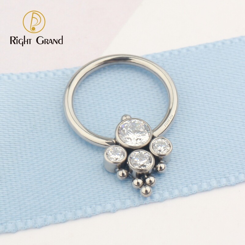 Titanium ASTM F136 Bezel Set 4CZ And Balls Cluster Captive Nose Piercings