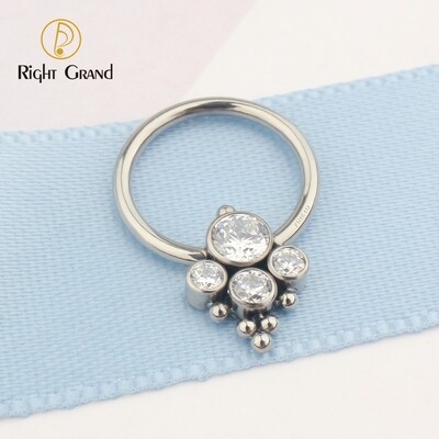 Titanium ASTM F136 Bezel Set 4CZ And Balls Cluster Captive Nose Piercings