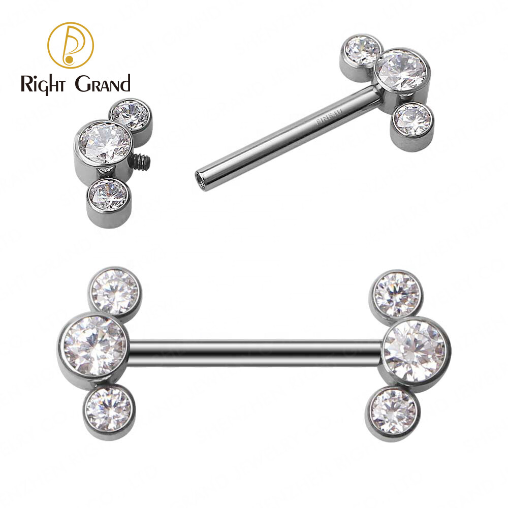 Right Grand Internally Threaded Titanium ASTM F136 Bezel Set Three Cubic Zircon Lined Ends  Barbell Nipple Ring
