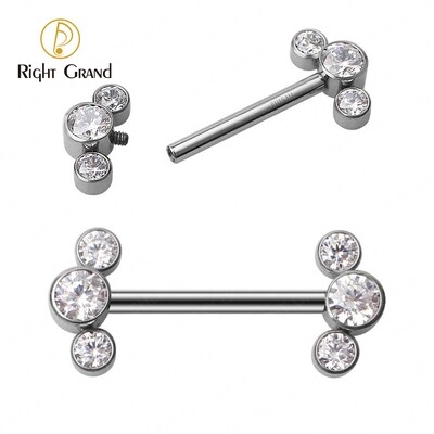 Right Grand Internally Threaded Titanium ASTM F136 Bezel Set Three Cubic Zircon Lined Ends  Barbell Nipple Ring