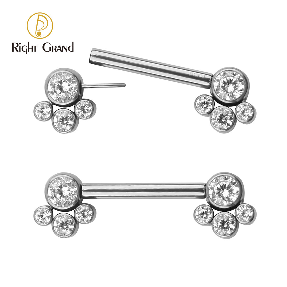 Threadless Implant Grade ASTM F136 Titanium Push In Nipple Barbell Bezel Set Four Zircon On Each Side