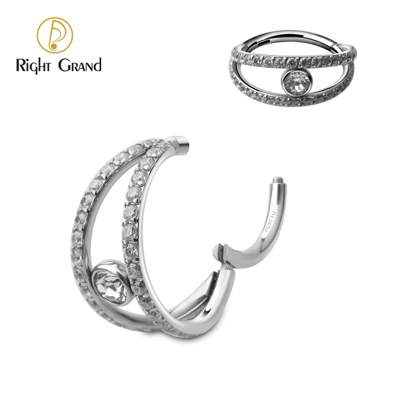 Titanium Two Layers Clear CZ with Middle Round Zircon Conch Piercings Hinged Segment Hoop Rings