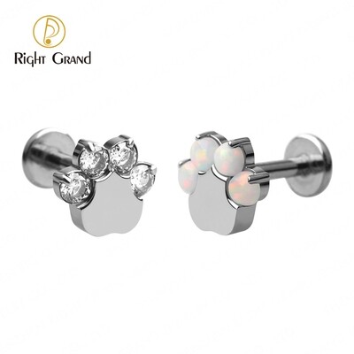 Right Grand ASTM F136 Titanium Internal Thread Claw Setting Opal  &amp; Zircon Paw Print Labret Helix piercing