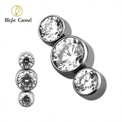 Right Grand Implant Grade ASTM F136 Titanium Internal Thread Bezel Set Triple Cubic Zircon Labret Helix Top