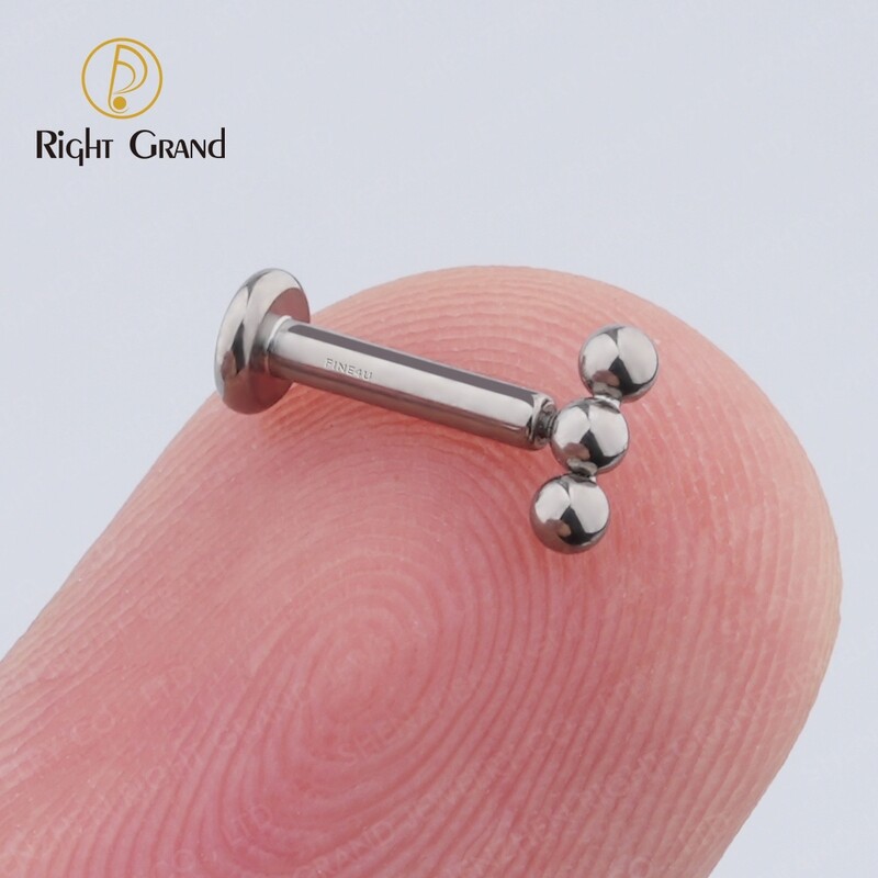 Right Grand Implant Grade ASTM F136 Titanium Threadless Push Pin Triple Beads Labret