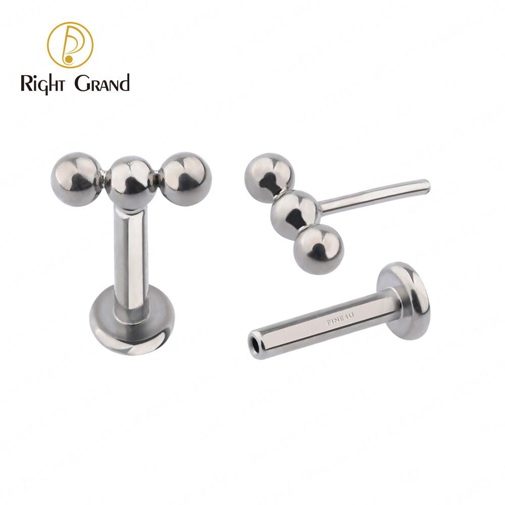 Right Grand Implant Grade ASTM F136 Titanium Threadless Push Pin Triple Beads Labret