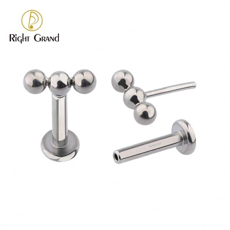 Right Grand Implant Grade ASTM F136 Titanium Threadless Push Pin Triple Beads Labret