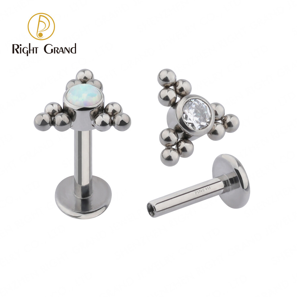 Right Grand Implant Grade Titanium ASTM F136 Internally Threaded Tops with Single CZ and Triple Ball Clusters Labret Ring