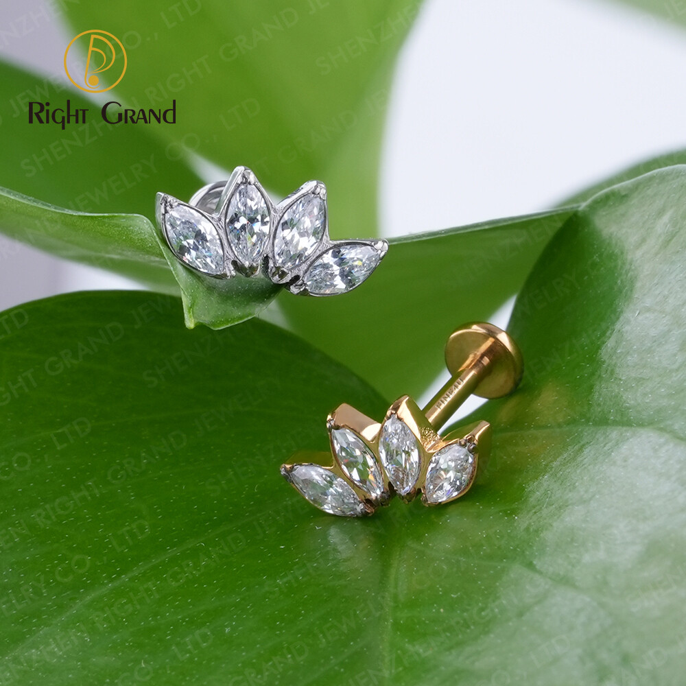 Right Grand ASTM F136 Titanium Prong Set 4 CZ Marquise CZ Fan Set Internally Thread Labret Ring Tragus Cluster Helix Piercing Jewelry