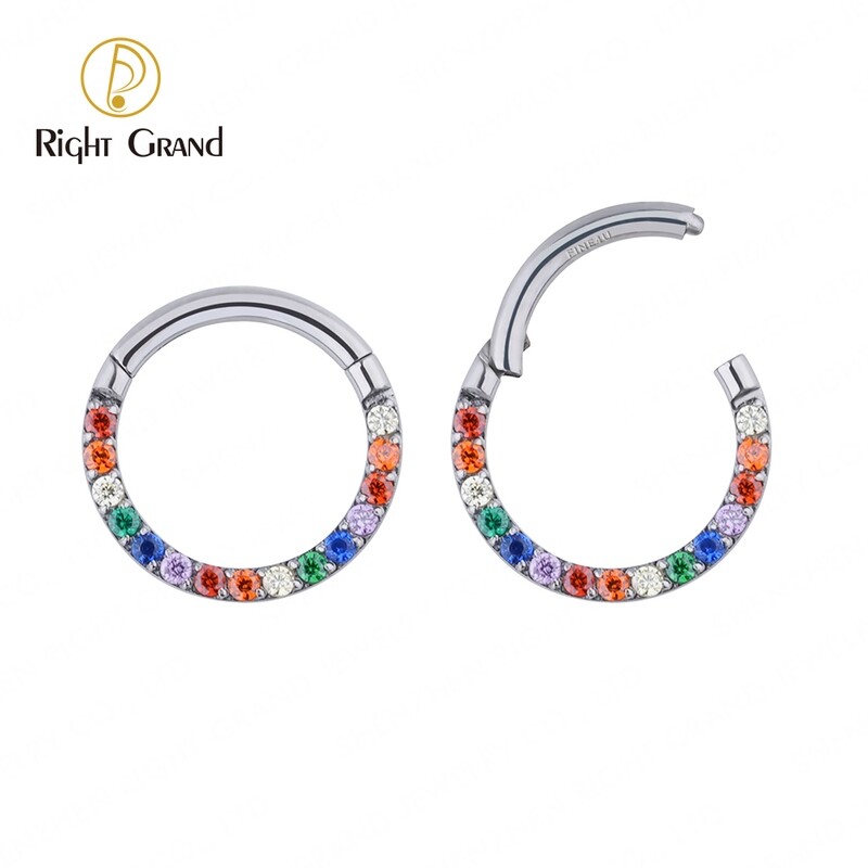 Right Grand ASTM F136 Implant Grade Titanium Rainbow CZ Hinged Segment Nose Clickers