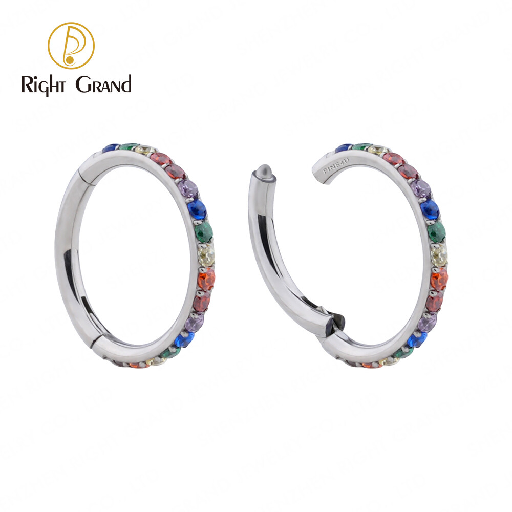 Right Grand Implant Grade ASTM F136 Titanium Rainbow Zircon Ear Conch Piercing Rings